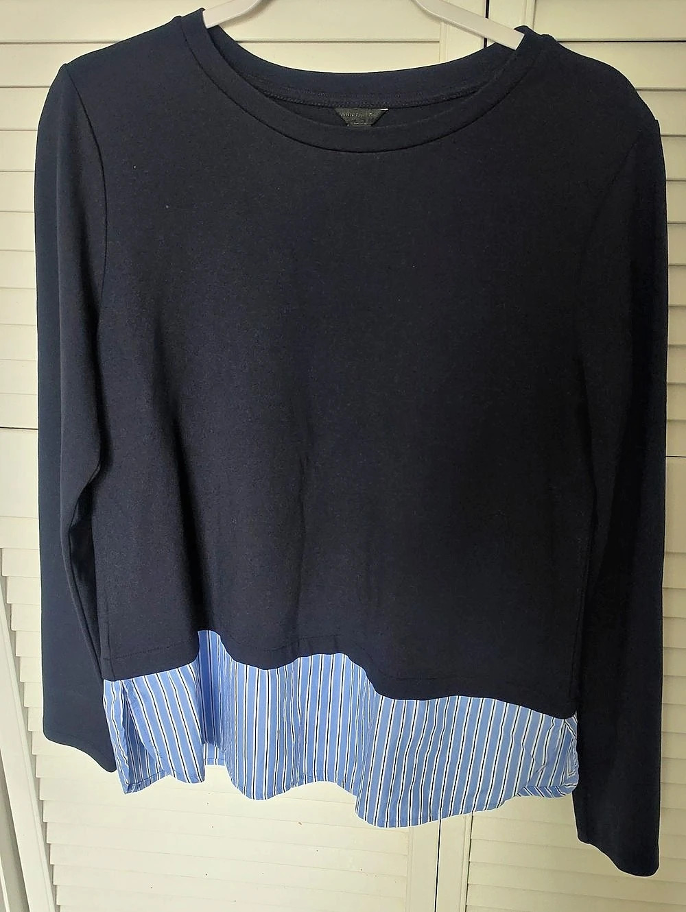 Ann Taylor Navy Blue Long Sleeve Top with Blue Striped Hem Medium